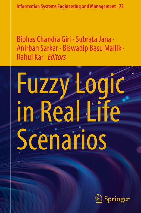 Gelber Titel: "Fuzzy Logic in Real Life Scenarios". Autoren: Bibhas Chandra Giri et al. Buntes, abstraktes Hintergrundmuster.
