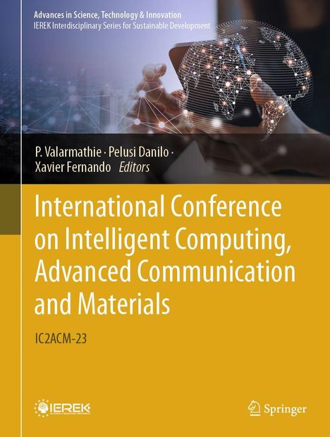 Titel: "International Conference on Intelligent Computing, Advanced Communication and Materials". Hände halten Tablet mit Weltkarte.