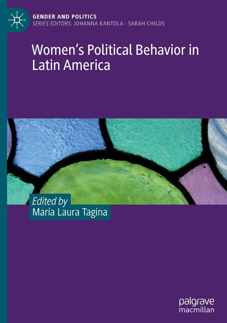 Text: “Women’s Political Behavior in Latin America, Edited by María Laura Tagina.” Lila Hintergrund, bunte Mosaikformen.