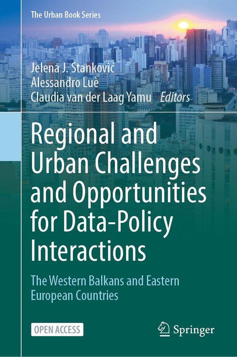 Buchtitel: "Regional and urban challenges and opportunities for data-policy interactions". Hintergrund: Stadtansicht bei Sonnenuntergang.