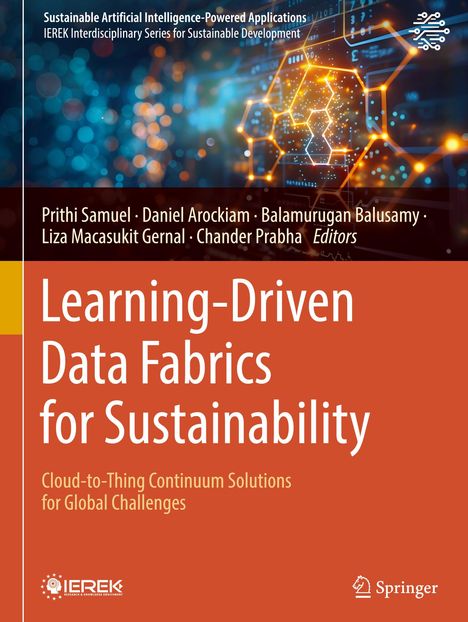 „Learning-Driven Data Fabrics for Sustainability“ auf orangefarbenem Hintergrund, technologische Grafikelemente.