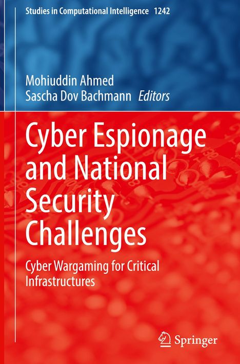 Cover von "Cyber Espionage and National Security Challenges". Blaue und rote abstrakte Grafik, Springer-Logo unten.