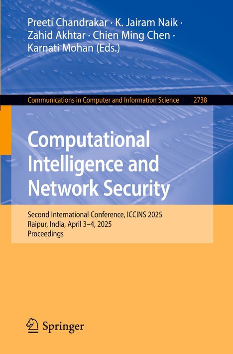 Text: "Computational Intelligence and Network Security", ICCINS 2025, Raipur, India, April 3-4. Hintergrund: Blau, gelb.