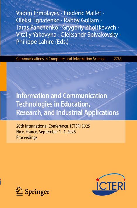 Buchtitel und Konferenzdetails in Blau und Orange: ICT in Bildung, Forschung, Industrie, 20. ICTERI 2025, Nizza. Springer-Logo unten.