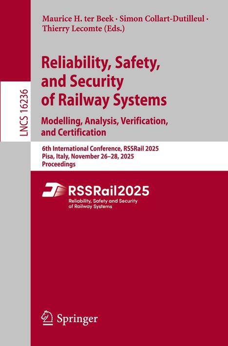 Titel: "Reliability, Safety, and Security of Railway Systems". Konferenz "RSSRail 2025" in Pisa, Italien. Springer-Logo unten.