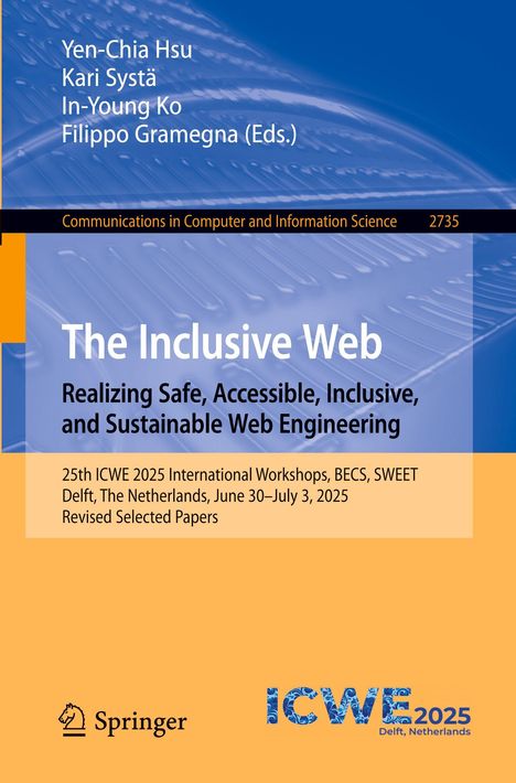 "The Inclusive Web" Buchcover: Konferenzdetails und Namen, blauer und orangefarbener Hintergrund, Springer-Logo.