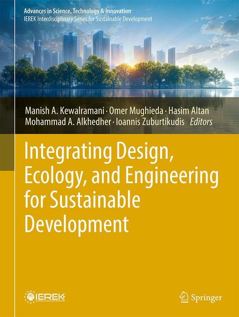 „Integrating Design, Ecology, and Engineering for Sustainable Development“ vor einer Stadtlandschaft bei Sonnenaufgang.