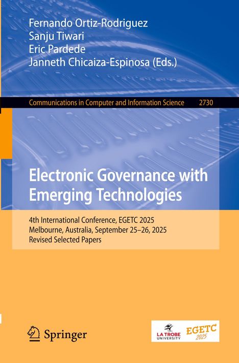 Titel: "Electronic Governance with Emerging Technologies". Konferenzdetails, Logos von Springer und La Trobe University.