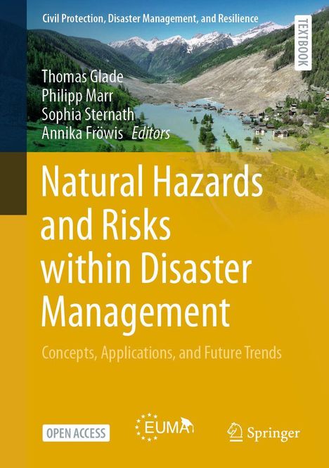 Text: "Natural Hazards and Risks within Disaster Management". Landschaft mit Bergen und Fluss im Hintergrund, Logos unten.