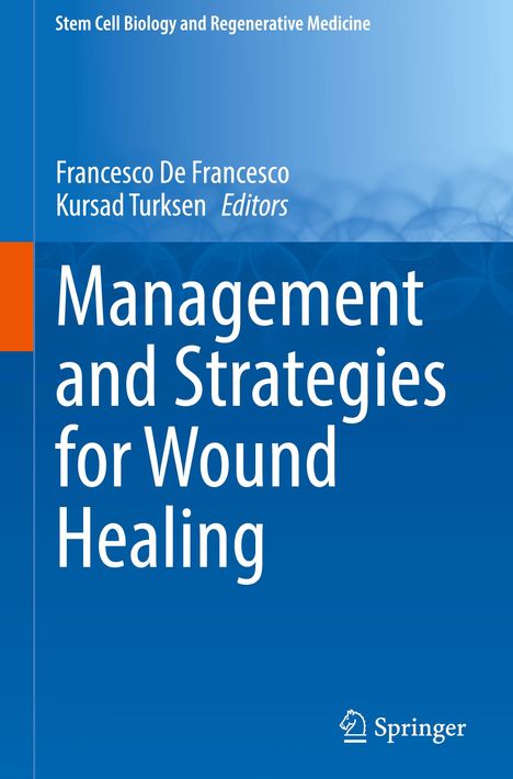 "Management and Strategies for Wound Healing" von Francesco De Francesco und Kursad Turksen. Blauer Hintergrund. Springer-Logo.