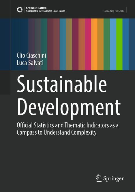 Titel: "Sustainable Development"; Autoren: Clio Ciaschini, Luca Salvati. Bunte vertikale Streifen links. Logo unten rechts.