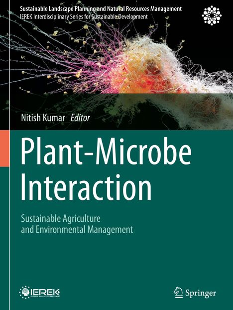"Plant-Microbe Interaction" von Nitish Kumar. Illustration von farbigen Wurzeln auf grünem Hintergrund.