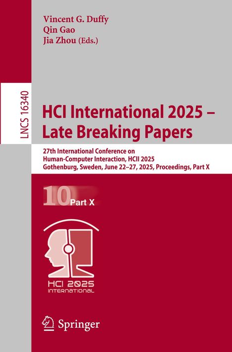 Texte: "HCI International 2025 – Late Breaking Papers", "27th International Conference on Human-Computer Interaction". Rotes Cover, Logo mit Profilkopf.
