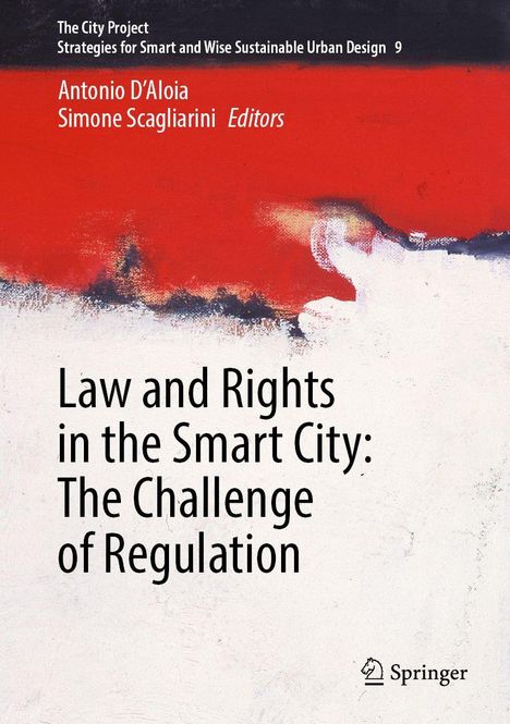 Titel: "Law and Rights in the Smart City: The Challenge of Regulation". Hintergrund mit Rot und Weiß.