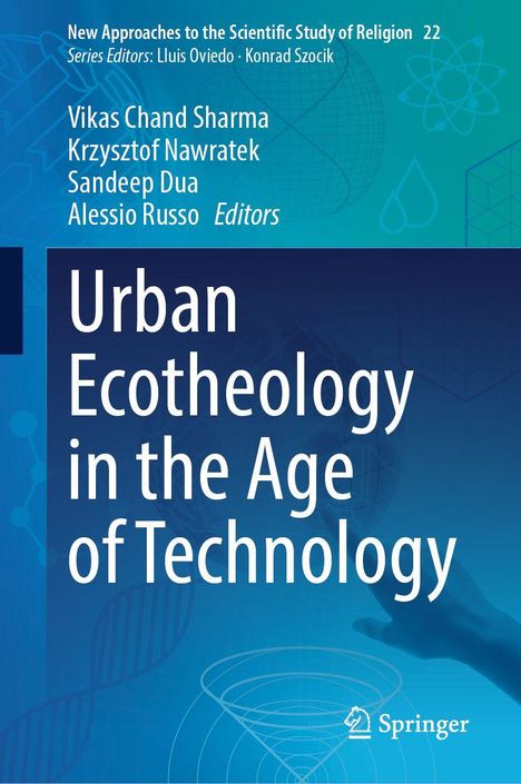 Buchtitel: "Urban Ecotheology in the Age of Technology". Autoren: Vikas Chand Sharma et al. Blauer Hintergrund mit technischen Symbolen.