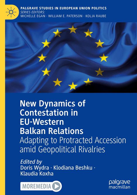 Buchtitel über EU-Balkan Beziehungen, blaue Flagge mit gelben Sternen, gelber Rand und Logos oben links, unten rechts.