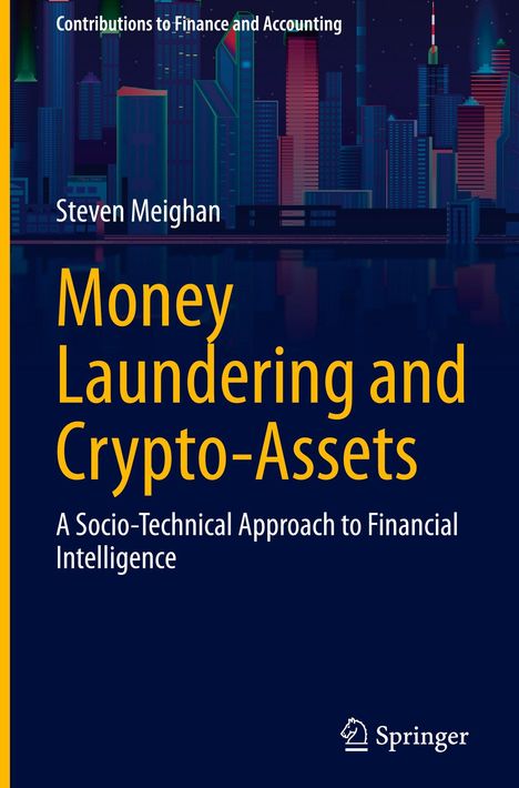 "Money Laundering and Crypto-Assets" steht in Gelb auf Dunkelblau. Oben eine stilisierte Skyline bei Nacht. Springer-Logo unten.
