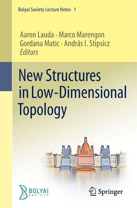 Text: "New Structures in Low-Dimensional Topology" von Aaron Lauda, Marco Marengon und anderen. Darunter eine bunte Illustration.