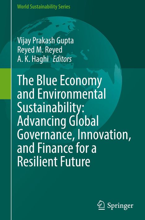 Titel: "The Blue Economy and Environmental Sustainability." Grün-blaue Buchcover-Gestaltung mit Weltkugel-Motiv.