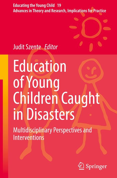 Bild: „Education of Young Children Caught in Disasters“, rote Hintergrundfarbe, Kinderzeichnung-Stil, Springer-Logo.