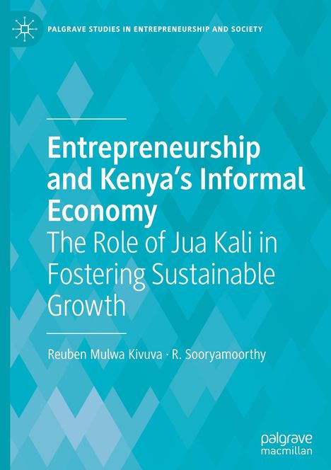 Buchtitel über Kenias informelle Wirtschaft und Jua Kali. Blaues Hintergrundmuster, Logo oben links.
