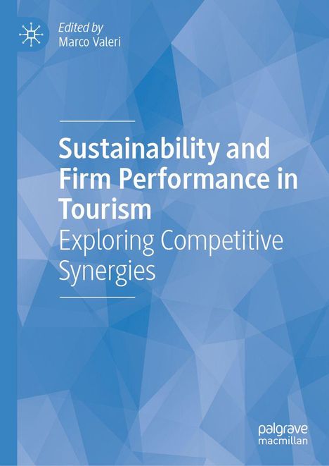 Text: "Sustainability and Firm Performance in Tourism: Exploring Competitive Synergies." Blaue geometrische Hintergrundmuster.