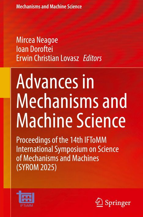 Titel: Advances in Mechanisms and Machine Science. Roter Hintergrund, zwei Logos unten: IFToMM und Springer.