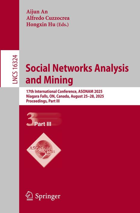 "Social Networks Analysis and Mining" – Konferenzbuchcover mit rotem Hintergrund, Springer-Logo unten.