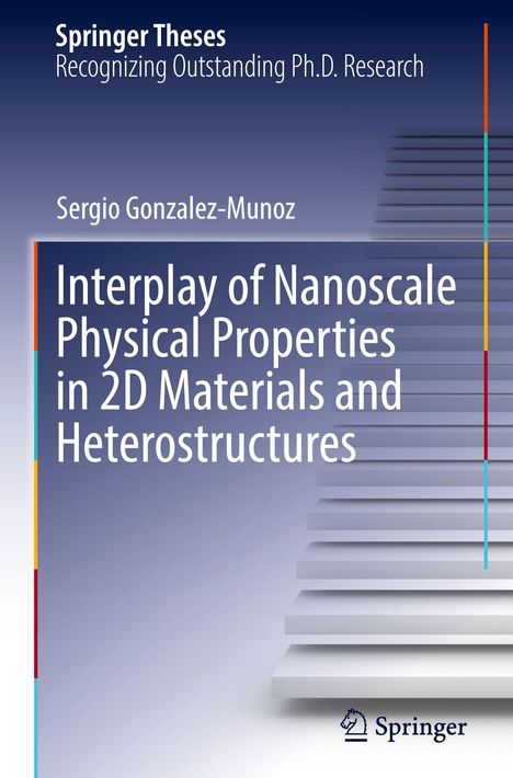 Buchtitel: "Interplay of Nanoscale Physical Properties in 2D Materials and Heterostructures". Blaue Abstufungen, Treppengrafik.