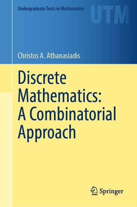„Discrete Mathematics: A Combinatorial Approach“ von Christos A. Athanasiadis in blauer und gelber Covergestaltung, Springer-Logo.