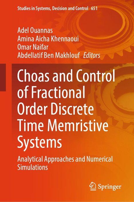Text: "Chaos and Control of Fractional Order Discrete Time Memristive Systems." Buchcover mit Zahnrädern.