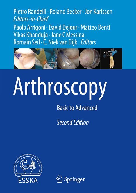 "Arthroscopy: Basic to Advanced, Second Edition." Oben Listen von Herausgebern. Unten zwei Logos: ESSKA und Springer.