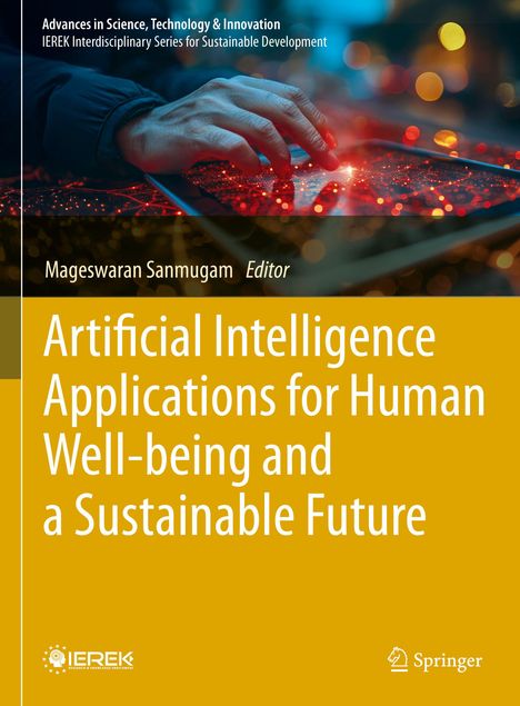 Titel: "Artificial Intelligence Applications for Human Well-being and a Sustainable Future". Hand über Tablet mit Lichtern.