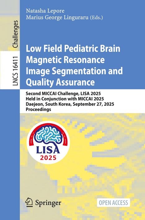 Titel: Low Field Pediatric Brain Magnetic Resonance. Abstraktes Muster, LISA 2025 Logo. Springer-Logo.