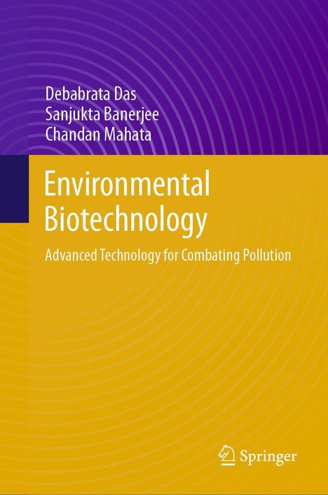 "Environmental Biotechnology: Advanced Technology for Combating Pollution" steht auf lila und orange Hintergrund mit Logo.