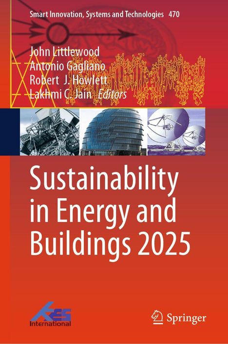 „Sustainability in Energy and Buildings 2025“. Titel in Weiß auf rotem Hintergrund, technologische Bilder.