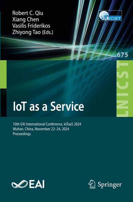 "IoT as a Service" und Konferenzdetails. Abstrakte Linien und Logos von LNCS, EAI, Springer. Dezente Farben mit grünem Akzent.