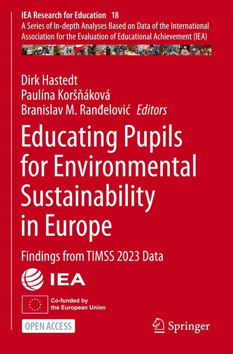 "Educating Pupils for Environmental Sustainability in Europe." IEA und EU-Logos, roter Hintergrund, Springer-Logo.