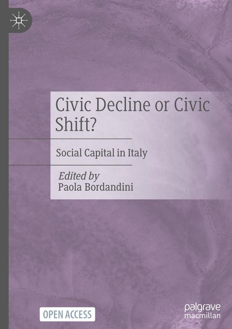„Civic Decline or Civic Shift?“, „Social Capital in Italy“, „Edited by Paola Bordandini“. Lila Hintergrund, Logo oben links.