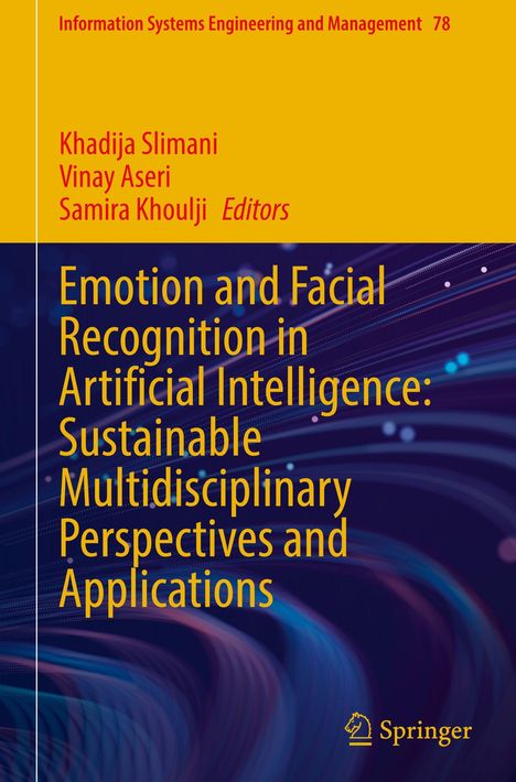 Titel: Emotion and Facial Recognition in AI: Sustainable Multidisciplinary Perspectives. Oben gelber Bereich, unten dunkle Wellenmuster.