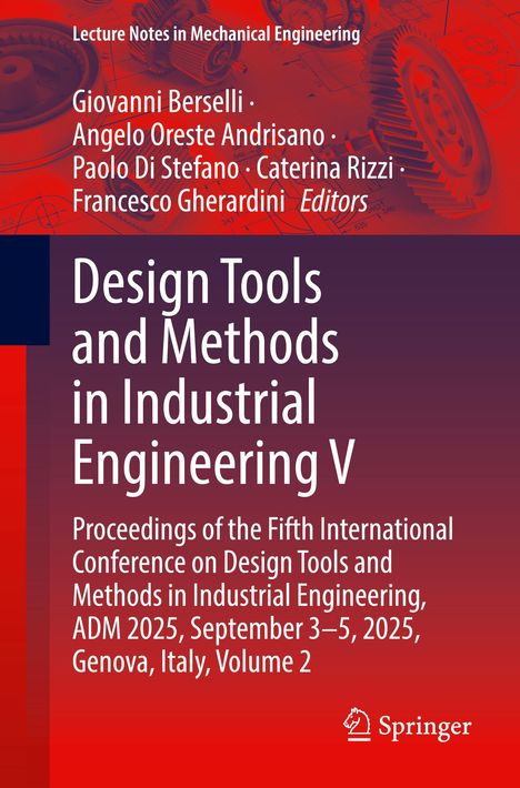 Titel: "Design Tools and Methods in Industrial Engineering V". Hintergrund mit Zahnrädern und technischen Zeichnungen.