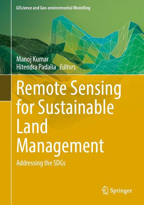 Text: "Remote Sensing for Sustainable Land Management" auf gelben Hintergrund. Drahtgitter-Illustration von Bergen im oberen Bereich.
