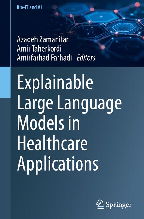Titel: "Explainable Large Language Models in Healthcare Applications". Hintergrund: Dunkelblau mit Hexagon-Muster.