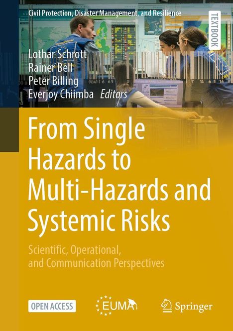 "From Single Hazards to Multi-Hazards and Systemic Risks" Buchumschlag mit Menschen vor Bildschirmen im Hintergrund.