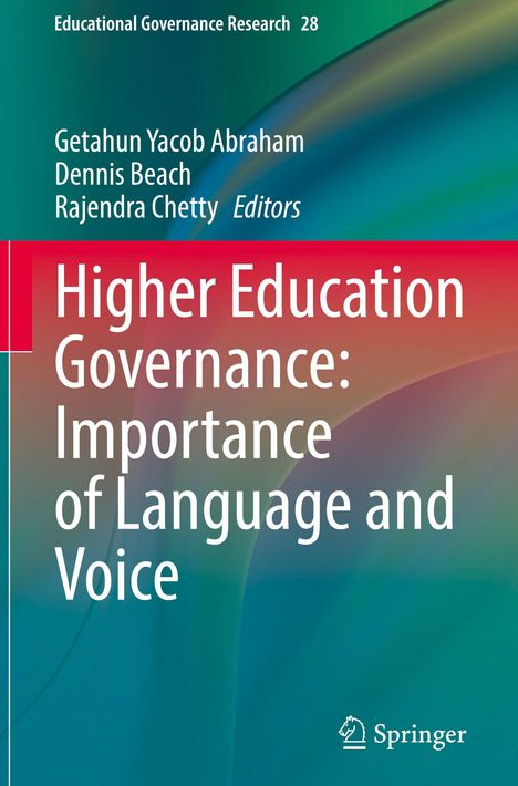 Text: "Higher Education Governance: Importance of Language and Voice." Oben links grün, unten rechts blaues Farbverlauf.