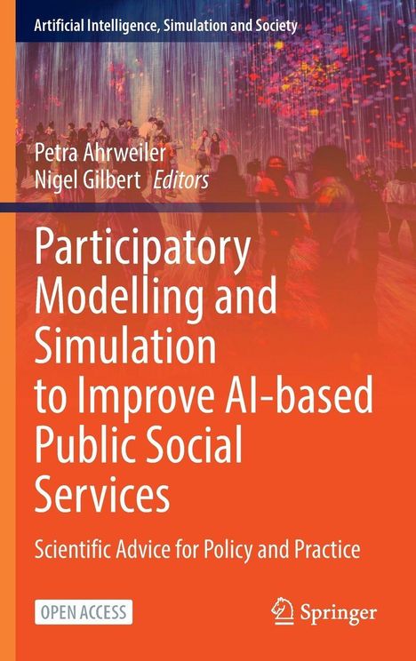 Bucheinband mit Titel: „Participatory Modelling and Simulation to Improve AI-based Public Social Services“. Oben und unten bunte, verschwommene Menschen.