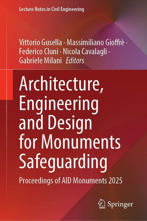 Logo von Springer, Titel: "Architecture, Engineering and Design for Monuments Safeguarding". Rote und violette Töne.
