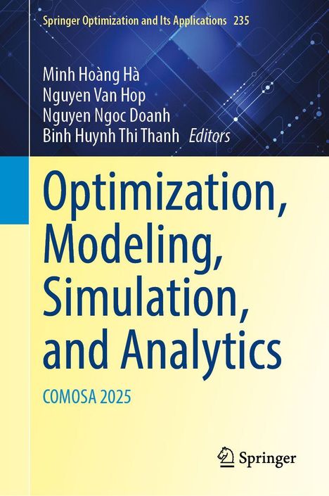 „Optimization, Modeling, Simulation, and Analytics“ steht in großen blauen Buchstaben auf einem gelben Hintergrund.