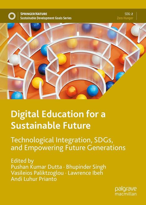 "Digital Education for a Sustainable Future." Bunte Kugeln in einem Labyrinth-Design auf einem orangefarbenen Hintergrund.