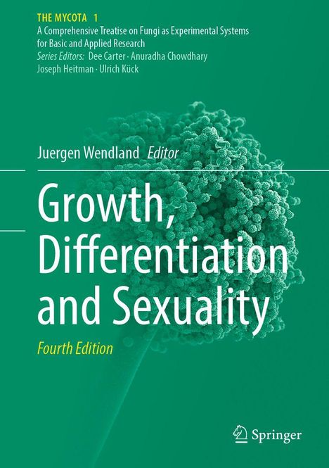 „Growth, Differentiation and Sexuality“ ist groß geschrieben. Grüner Hintergrund mit einem mikroskopischen Bild eines Pilzes.